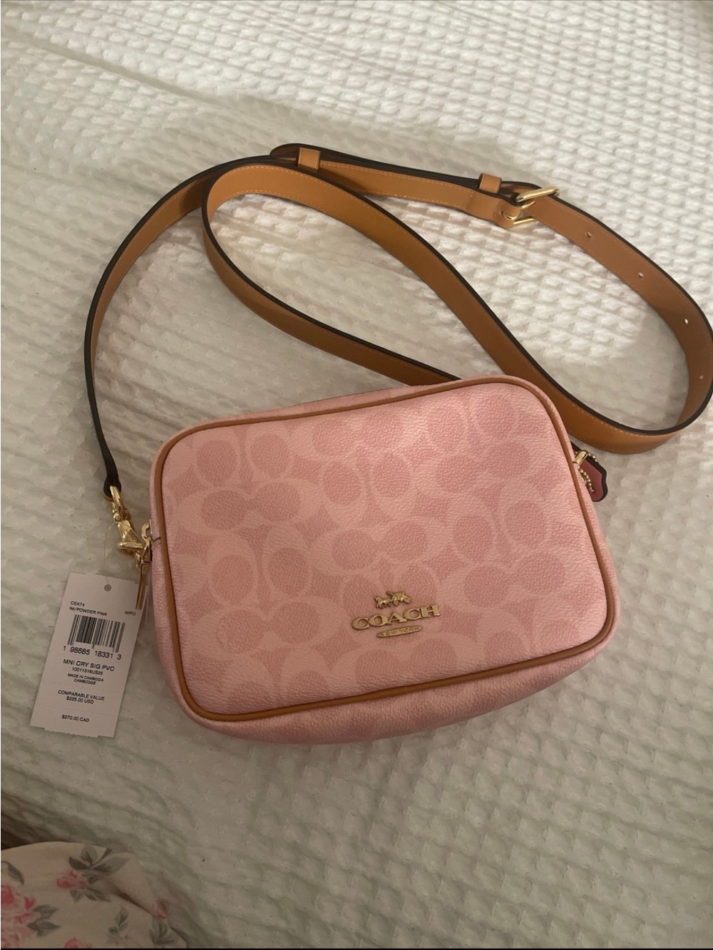 Coach Pink Signature Crossbody with Tan Strap and Gold Hardware